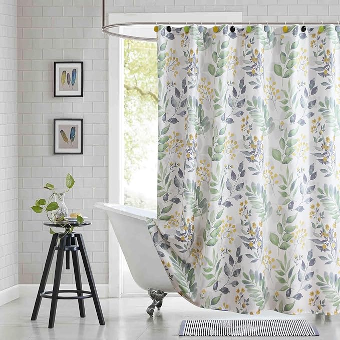 54x78 Inch Stall Shower Curtain, Sage Green Gray Yellow Watercolor Botanical Leaf Print Fabric Shower Curtains for Bathroom, 54" W x 78" H