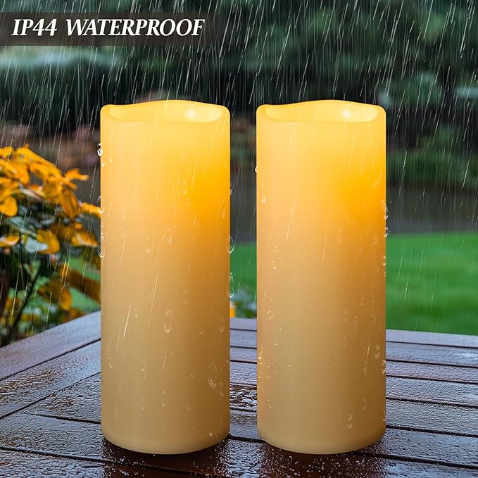 4" x 12" Ivory Large Waterproof Outdoor Flameless Candles Battery Operated LED Flickering Pillar Candles with Remote and Timer for Indoor Outdoor Lanterns, Long Lasting, Set of 2