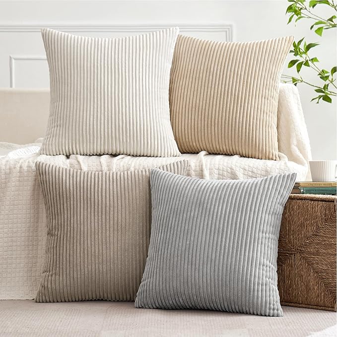 MIULEE Boho Farmhouse Throw Pillow Covers 18x18 Inch Set of 4 Neutral Tan Decorative Cushion Covers Soft Corduroy Nordic Home Decor for Couch Bed Sofa Living Room
