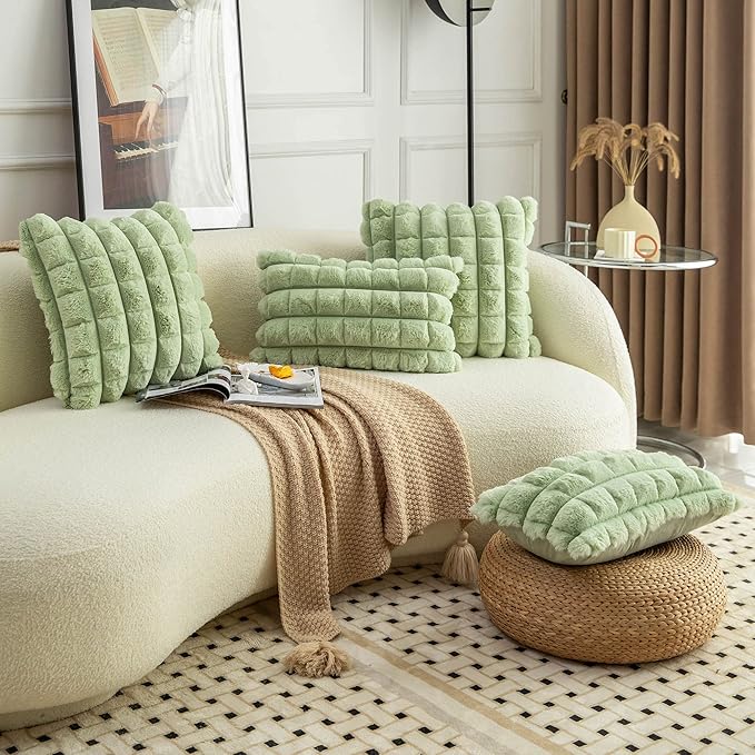 Neelvin Green Faux Fur Cozy Soft Plaid Decorative Throw Pillow Covers 22x22 inch Set of 2,Velvet Pillowcase Cushion Case for Sofa Couch