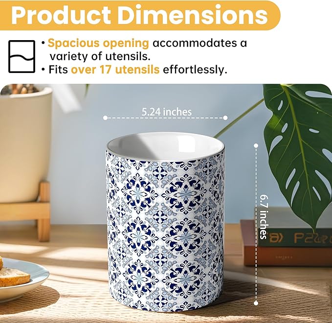 Ceramic Kitchen Utensil Holder for Countertop, Embossed Pattern Crock with Kiln-Fired Finish, Counter Organizer for Cooking Tools ,Blue