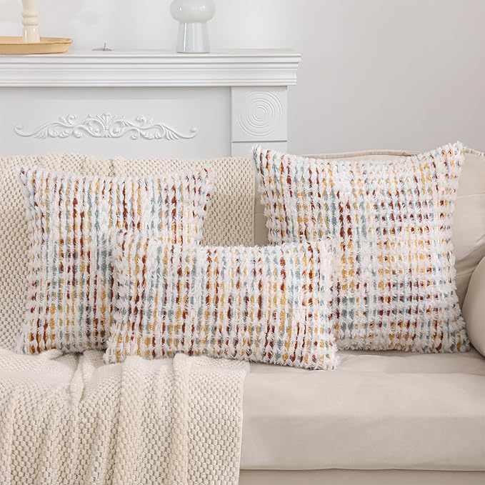 LUOYEHK Boho Throw Pillow Covers 12x20 Inch Set of 2 Chenille Tufted Pillow Case Farmhouse Neutral Lumbar Cushion Covers for Couch Sofa Bed Living Room, Orange White