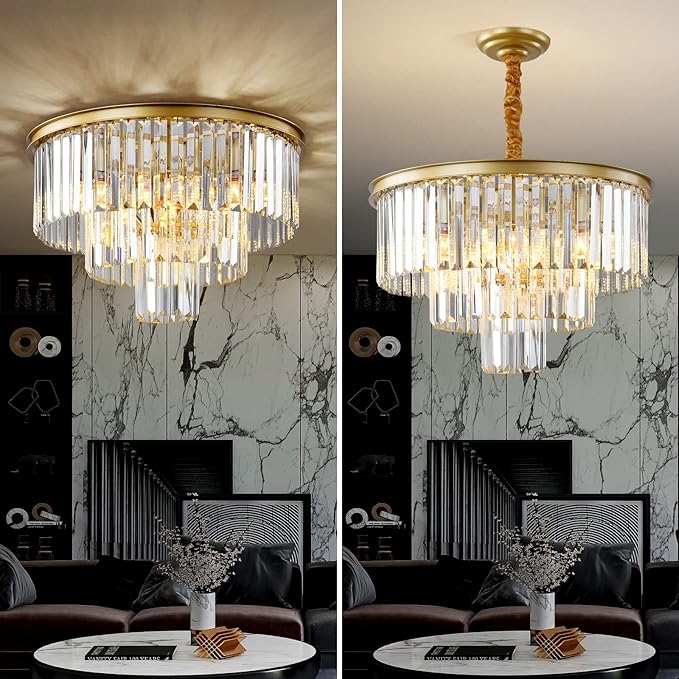 Gold Modern Crystal Chandelier, 3-Tier Round Flush Mount Ceiling Light Fixtures Height Adjustable Pendant Lighting for Dining Room Living Room Bedroom Kitchen Hotel Foyer