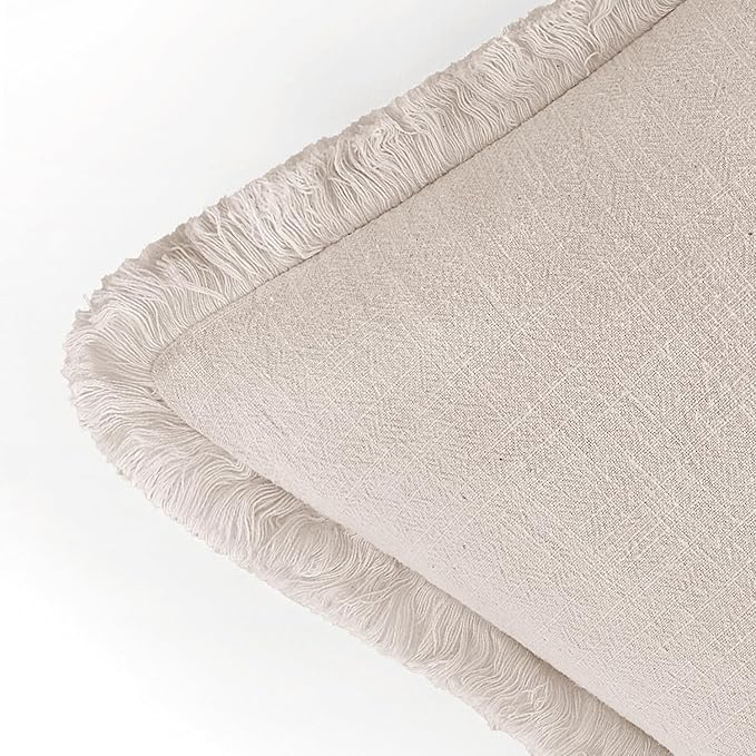 EMEMA Linen Fringe Throw Pillow Covers Set of 2 Boho Farmhouse Accent Decorative Pillowcase with Tassels for Couch Sofa Bed Living Room Home Decor 18x18 Inch,Natural Beige