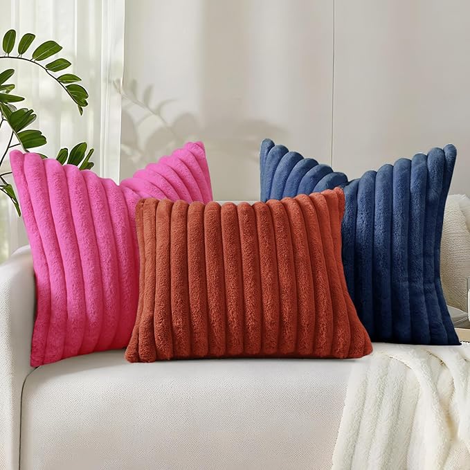 decorUhome Faux Fur Throw Pillow Covers 22x22 Set of 2, Decorative Soft Plush Striped Neutral Couch Euro Pillow Covers with Velvet Back for Sofa, Bed, Living Room Home Decor, Hot Pink