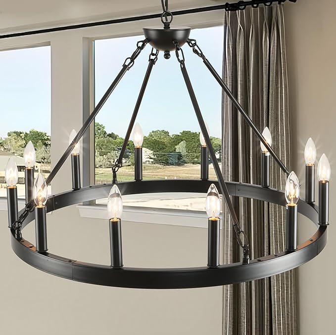 Black Wagon Wheel Chandelier 32 inch,12-Light Farmhouse Wagon Wheel Chandeliers Round Industrial Ceiling Light fixtures for Outdoor Porch high Ceilings Living Dining Room Foyer Entryway
