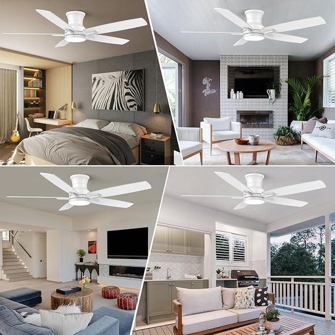 YUHAO 52 Inch Flush Mount White Ceiling Fan with Light and Remote Control.Noiseless,Dimmable,3CCT,6 Speeds Reversible, Low Profile DC Ceiling Fans for Indoor Use