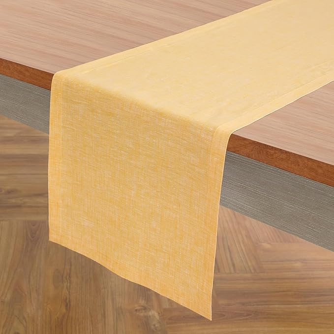 Solino Home Linen Table Runner 108 Inches Long - Athena, 100% Pure Linen Chambray Mustard Yellow Table Runner 14 x 108 Inch for Dining