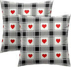 Love Hearts Throw Pillow Covers 18x18 Inch – Pack of 2 Black and White Checkered Plaid Romantic Cotton Hidden Zipper Pillowcases for Couch Sofa Chair Bed Porch Farmhouse Home Decor