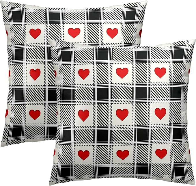 Love Hearts Throw Pillow Covers 18x18 Inch – Pack of 2 Black and White Checkered Plaid Romantic Cotton Hidden Zipper Pillowcases for Couch Sofa Chair Bed Porch Farmhouse Home Decor