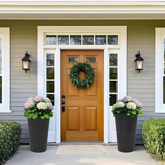 24" Set of 2 Tall Resin Outdoor Planters, Heavy-Duty Resin Flower Pots, Matte Black Leather Grain Finish, Durable & Weather-Resistant, Ideal for Garden, Patio, Yard, Porch, or Indoor Décor