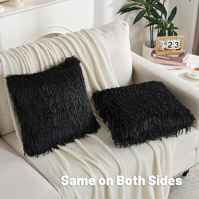 FUTEI Black Decorative Throw Pillow Covers 22x22 Inch Set of 2,Soft Fluffy Faux Feather Texture Cushion Cases,Modern Home Luxury Decor for Couch Bed Living Room