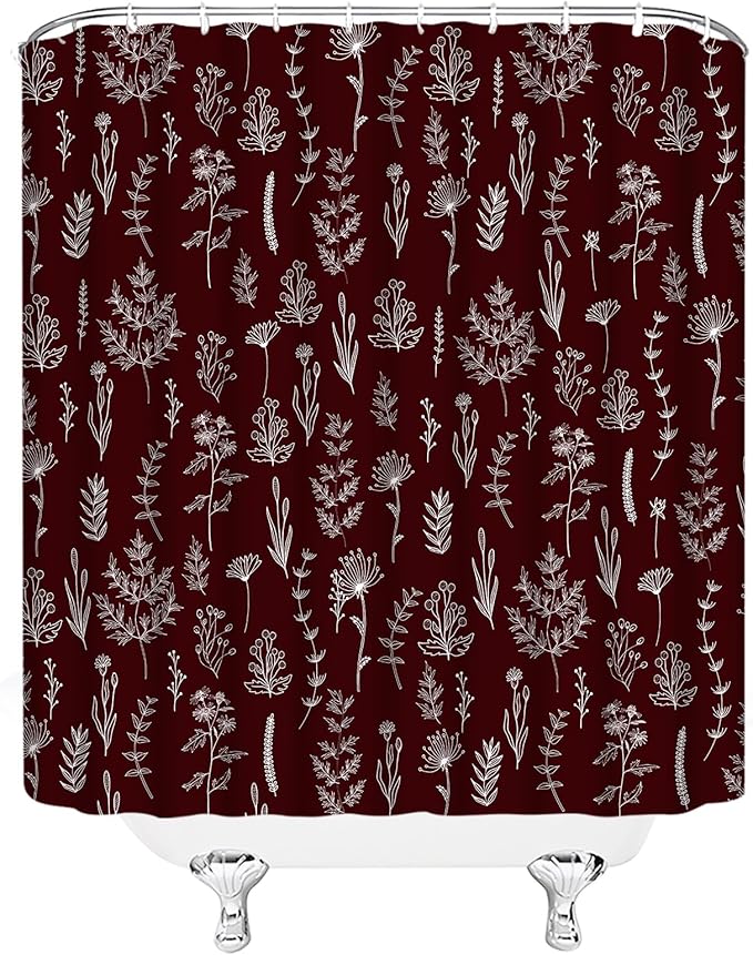 Burgundy Red Botanical Shower Curtain Vintage Herbs Floral Farmhouse Cute Boho Leaves Plant Retro Flowers Bathroom Curtain Set with Hooks(78" Wx70 H)