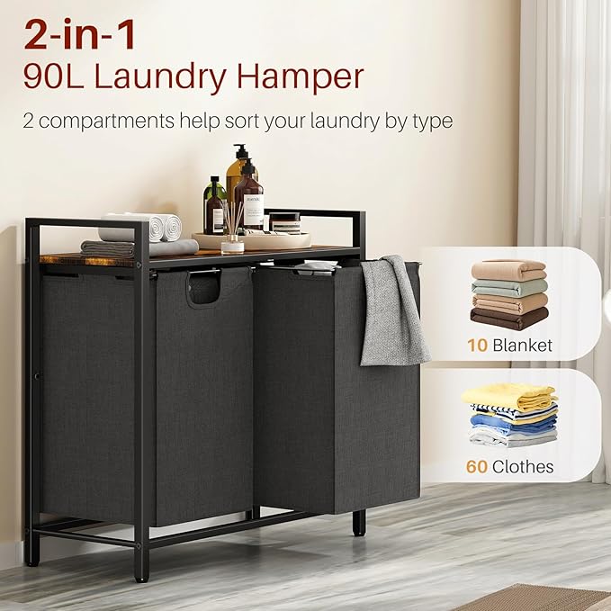 Laundry Basket Organizer, Laundry Hamper with Shelf & 2 Pull-Out Removable Bags, Dirty Clothes Hamper Organizer for Laundry Room Bathroom and Dorm, 2 x 11.8 gallons (44.5L)