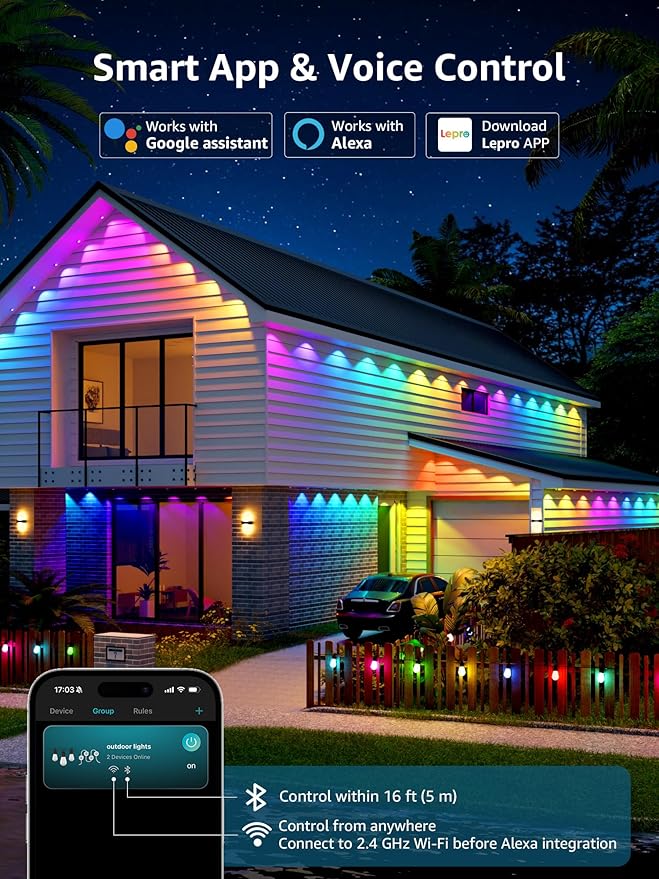 Lepro E1 AI Permanent Outdoor Lights APP Control, 100ft 60 LED Smart RGB+IC+Warm/Cool White House Eave Light for Halloween Christmas, Alexa Google Enabled, 2.4 GHz WiFi/Bluetooth, NO Remote Controller