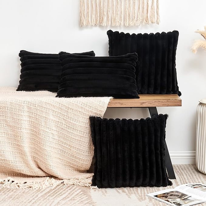 Throw Pillow Covers Decorative Faux Fur Set of 2 18x18 Inch Pillow Covers, Soft Black Striped Pillowcases for Couch Sofa Bed Living Room, Fluffy Cute Home Boho Accent Fuzzy Decor