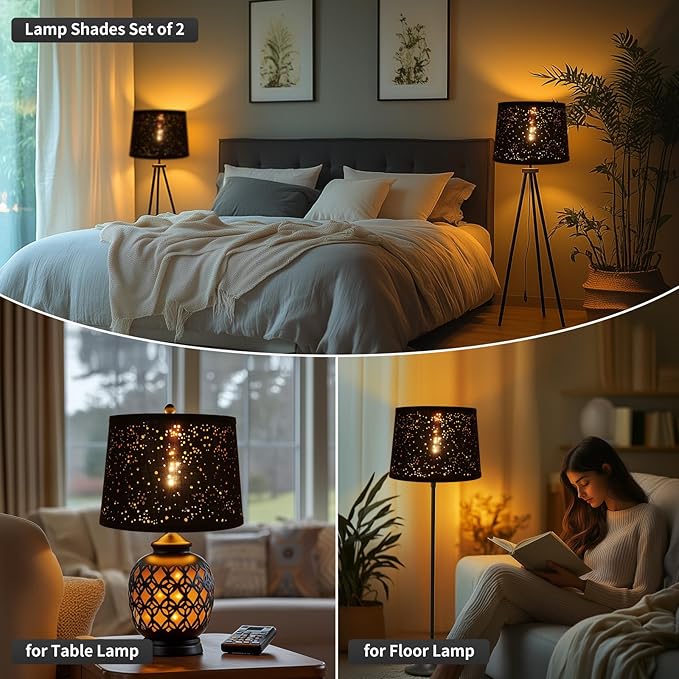 ALUCSET Drum Large Lampshades Set of 2, Stars Hollow Black Lamp Shade 13" Top X 15" Bottom X 11" High, Lamp Shades for Living Room Home Decor, Assembly Required Spider Fitter