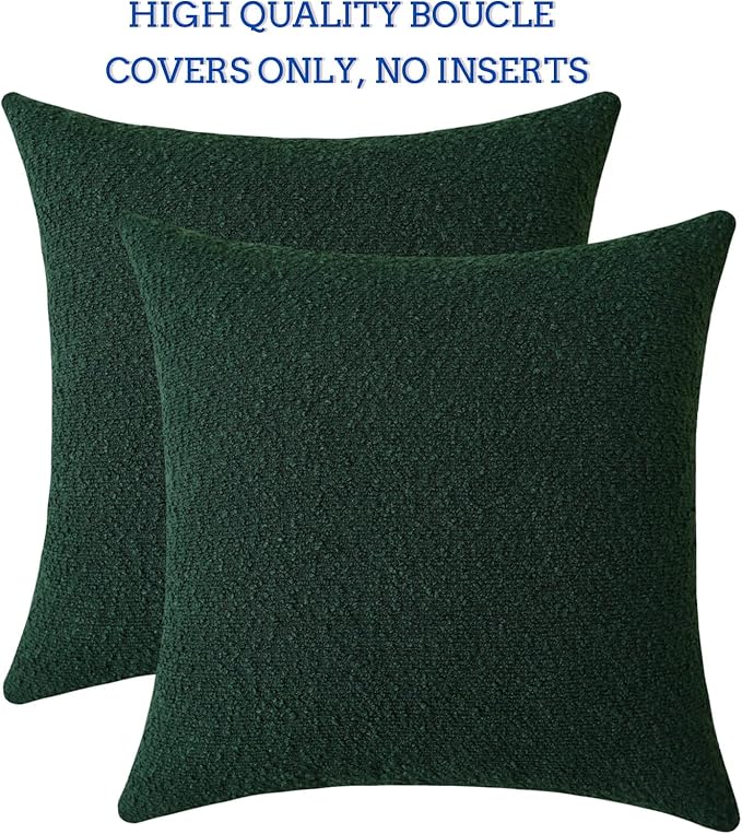 Jeneoo Hunter Green Decorative Square Thick Throw Pillow Covers Fine Textured Boucle Couch Cushion Cases for Livingroom Sofa Decor, Set of 2, 20 x 20 Inch