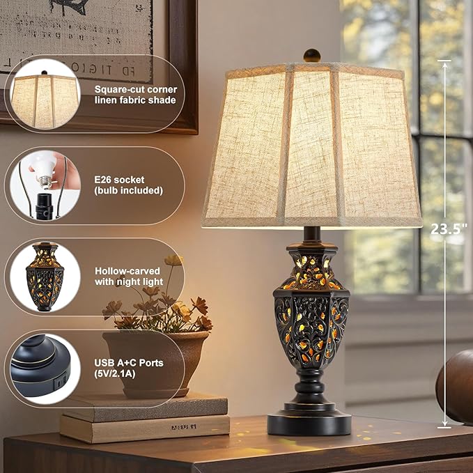 Lamps for Night Stands Set of 2-23.5" Vintage Bedside Lamp with USB A+C and Nightlight - Black Retro Carved Resin Farmhouse Table Lamp for Bedrooms, End Tables, Living Room, Bulbs Included