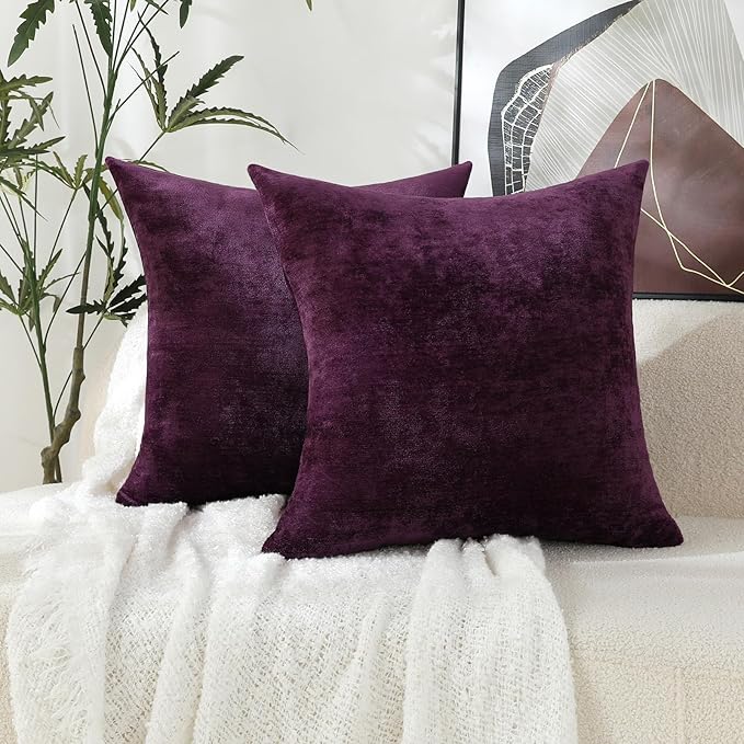 Jeneoo Plum Purple Decorative Throw Pillow Covers Soft Chenille Comfy Square Couch Cushion Cases for Living Room Sofa Decor (Set of 2, 16 x 16 Inches)
