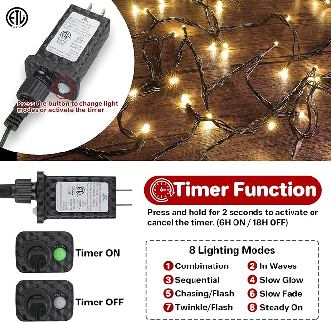 100 LED Christmas String Lights, 33 FT Connectable Waterproof String Lights Green Wire with Timer Memory Function & 8 Modes, for Indoor Outdoor Xmas Trees Party Garden, WarmWhite