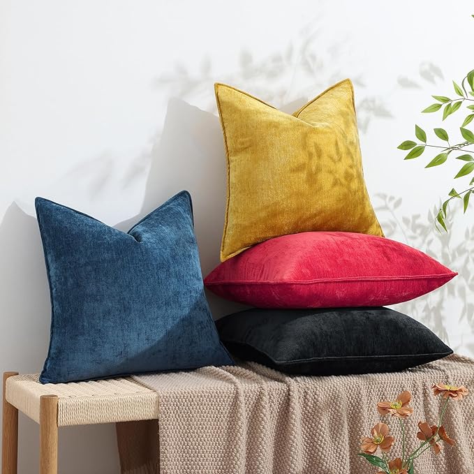 decorUhome Christmas Couch Throw Pillow Covers 22x22 Set of 2, Decorative Soft Euro Neutral Chenille Pillow Covers with Elegant Design for Sofa Bed Living Room Home Decor, Red