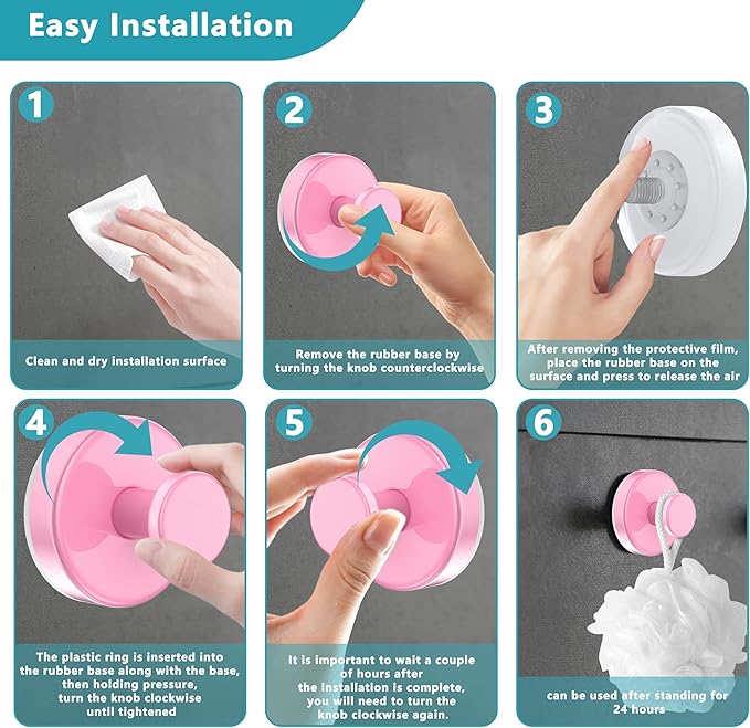 Suction Cup Hooks for Shower,Removable No Drill Towel Hooks,Upgraded 15 lbs Strong Suction hooks for Bathroom Tile,Shower Wall,Glass Door,Kitchen-Loofah,Coat,Stainless Waterproof-Pink 4 Pcs
