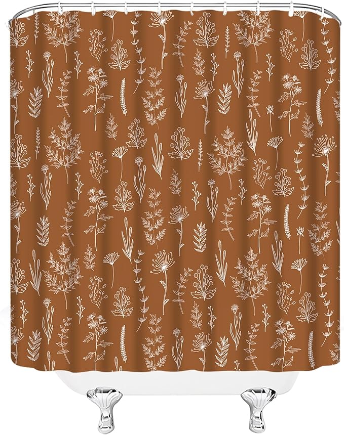 Burnt Orange Botanical Shower Curtain Vintage Herbs Floral Farmhouse Cute Boho Leaves Plant Retro Flowers Bathroom Curtain Set with Hooks(70" Wx84 H)