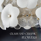 Gold Glass Pendant Light with White Ceramic Flowers, 1-Pack Luxury Small Ceiling Pendant Light Fixture 1-Light for Kitchen Island Sink Dining Room Entryway Hallway, E26