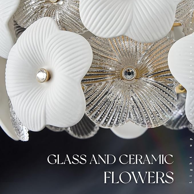 Gold Glass Pendant Light with White Ceramic Flowers, 1-Pack Luxury Small Ceiling Pendant Light Fixture 1-Light for Kitchen Island Sink Dining Room Entryway Hallway, E26