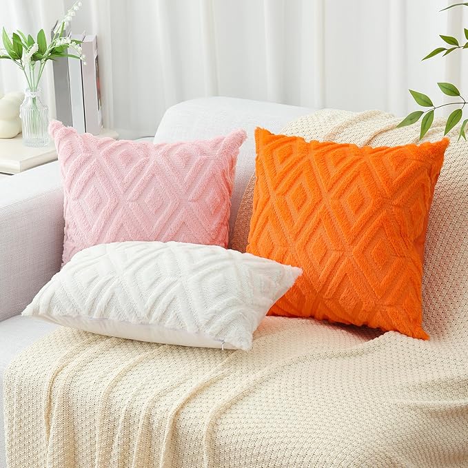 Pallene Orange Throw Pillow Covers 26x26 Set of 2, Soft Plush Faux Fur Decorative Couch Pillow Covers for Sofa Bed Living Room Pillow Cases with 3D Diamond Pattern