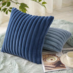 decorUhome Faux Fur Throw Pillow Covers 20x20 Set of 2, Decorative Soft Plush Striped Neutral Couch Euro Pillow Covers with Velvet Back for Sofa, Bed, Living Room Home Decor, Blue