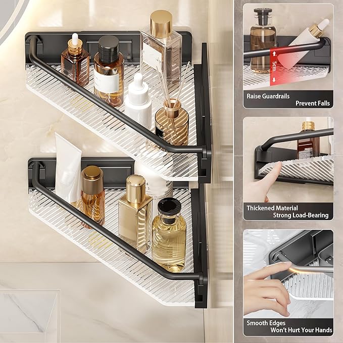 Corner Shower Caddy, 2 Pack Adhesive Bathroom Shelves，Acrylic Shower Shelf Rack, No Drilling Bathroom Organizers and Storage Racks,Black