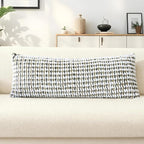 Boho Chenille Tufted Pillow Cover 14x36 Inch Set of 1, Farmhouse Striped Decorative Pillow Covers Accent Fluffy Neutral Long Body Bolster Pillow for Couch Sofa Bedroom Living Room, Brown Gray
