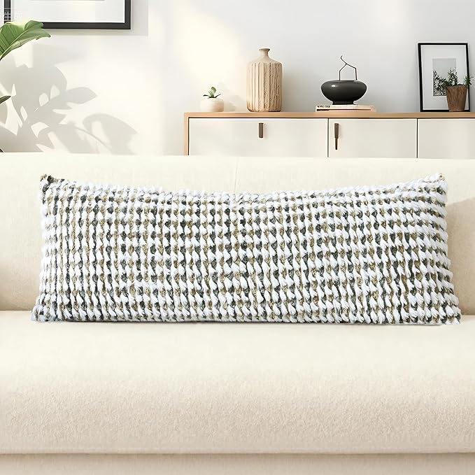Boho Chenille Tufted Pillow Cover 14x36 Inch Set of 1, Farmhouse Striped Decorative Pillow Covers Accent Fluffy Neutral Long Body Bolster Pillow for Couch Sofa Bedroom Living Room, Brown Gray