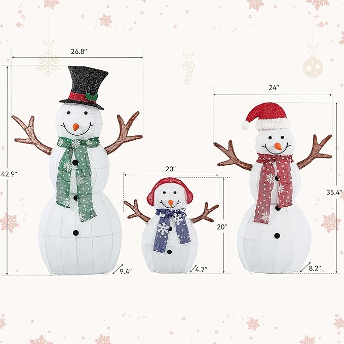 Large Christmas Snowman Family Decorations, 43Inch 3D Pre-Lit Snowman with 200 LED Lights & Zip Ties, Outdoor Indoor Holiday Decor for Yard,Porch,Home-Sparkling White