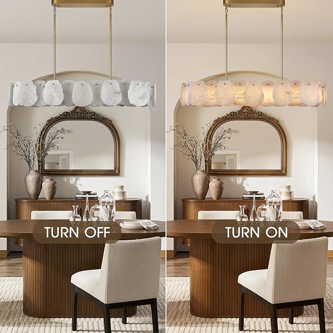 Rectangle Alabaster Chandelier, L43in Modern Spanish Marble Dining Room Chandelier Over Table, Adjustable Long Chandeliers for Living Room, Alabaster Chandeliers for Kitchen Island, Foyer, Entryway
