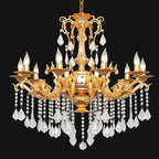 Luxury Gold Crystal Chandelier, 32" Vintage K9 Crystal Pendant Light with 10 Lights, Antique Brass Finish Ceiling Light Fixture with Scrolled Arms for Dining Room Living Room Foyer Villa Hotel