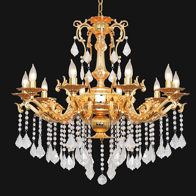 Luxury Gold Crystal Chandelier, 32" Vintage K9 Crystal Pendant Light with 10 Lights, Antique Brass Finish Ceiling Light Fixture with Scrolled Arms for Dining Room Living Room Foyer Villa Hotel