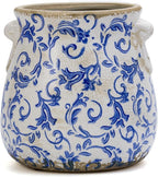 Vintage Blue Ceramic Ice Crack Glaze Flower Pot with Drainage Holes and With Handle, Country Rustic Planters for Indoor and Outdoor,Tuscan Decor,Home,Living Room, Garden Decor, Gardening Gift (Blue)