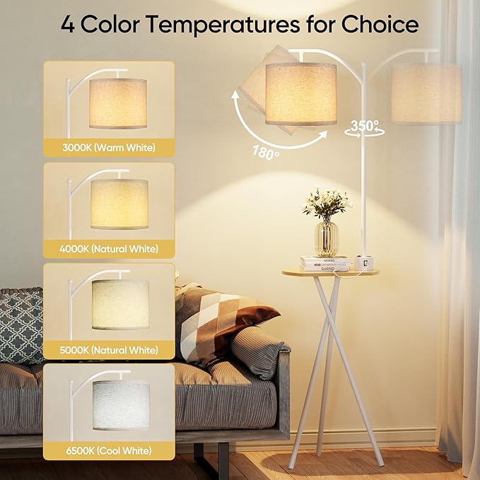 ROTTOGOON Floor Lamp with Table, End Table Lamp with Remote Control and Charging Station(USB & Type-C & AC Port), 4 Color Temperatures, Floor Lamps for Living Room, Bedroom and Home Office,White
