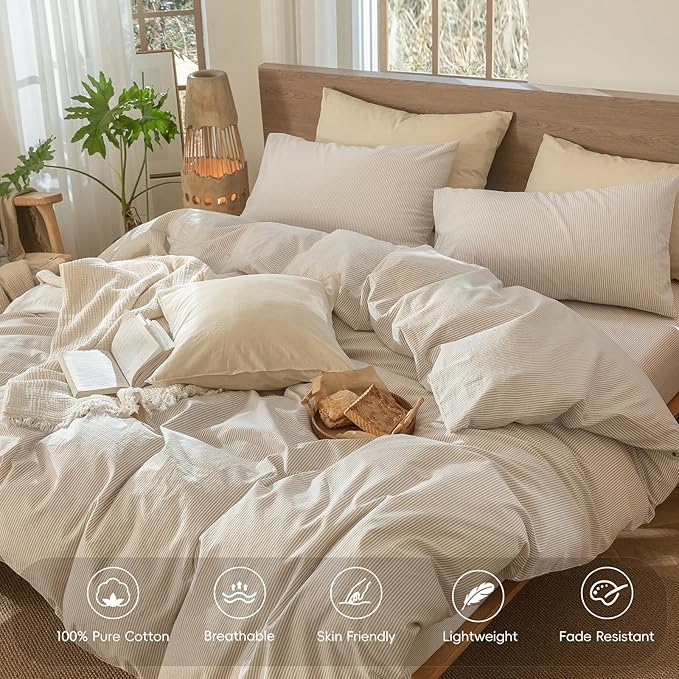 MooMee Striped Duvet Cover Set 100% Washed Cotton Linen Like Textured Breathable Durable Soft Comfy (Tannish Linen Grey White Pinstripes, Full 80"x90")