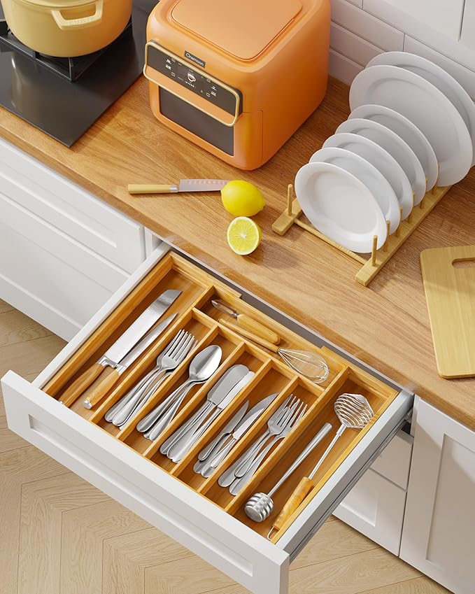 Kitsure Large Bamboo Silverware Organizer - Expandable Drawer Organizer for Utensil, Cutlery and Flatware, Kitchen Storage Solution with 6 to 8 Slots, Natural, 18.7" × 12.8" × 1.8"