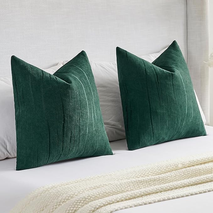 FUTEI Dark Green Chenille Decorative Throw Pillow Covers 16x16 Inch Set of 2,Soft Embossed Striped Textured Cushion Case,Modern Home Decor for Couch Bed Living Room