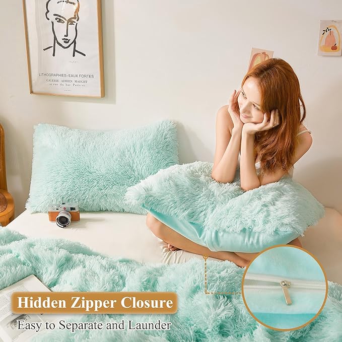 XeGe Faux Fur Throw Pillow Cases, Plush Shaggy Ultra Soft Pillow Covers, Fluffy Crystal Velvet Decorative Pillowcases, Furry Fuzzy Pillow Shams Zipper Closure, Set of 2 (Standard, Aqua Green)