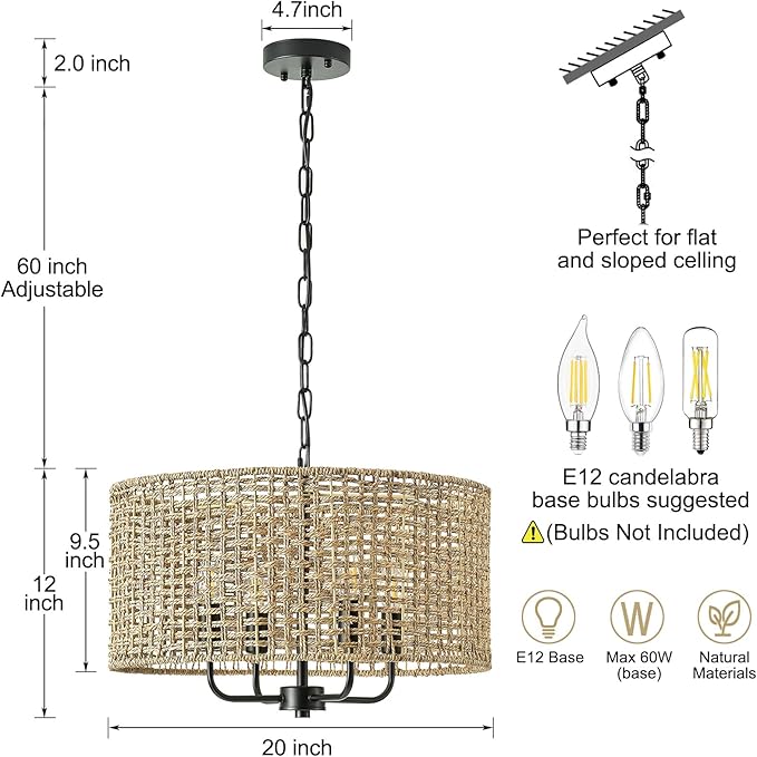 Rattan Wicker Drum Chandeliers for Dining Room, 4-Light Bohemian Hand-Woven Farmhouse Drum Pendant Chandelier Light Fixture for Entryway Living Room Kitchen Stairway Bedroom Hallway