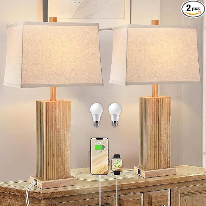 27.5" Wood Table Lamps Set of 2, Modern Farmhouse Bedroom Lamp for Nightstand with USB Charging Port, Natural Wooden Base Table Lamp for Living Room Bedroom, Bulbs Included (Natural Wood)