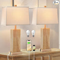 27.5" Wood Table Lamps Set of 2, Modern Farmhouse Bedroom Lamp for Nightstand with USB Charging Port, Natural Wooden Base Table Lamp for Living Room Bedroom, Bulbs Included (Natural Wood)