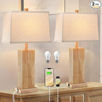 27.5" Wood Table Lamps Set of 2, Modern Farmhouse Bedroom Lamp for Nightstand with USB Charging Port, Natural Wooden Base Table Lamp for Living Room Bedroom, Bulbs Included (Natural Wood)