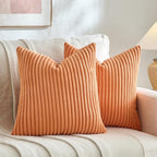 Fancy Homi Set of 2 Orange Fall Decorative Throw Pillow Covers 18x18 Inch for Couch Bed Sofa, Autumn Halloween Thanksgiving Decor, Soft Plush Thick Striped Corduroy Cute Aesthetic Home Decor 45x45cm